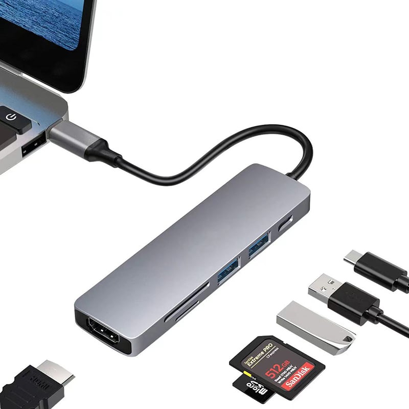 6-In-1 USB-C Multifunction Adapter USB Hub (HDMI + 2 USB Ports + PD + TF+ SD )