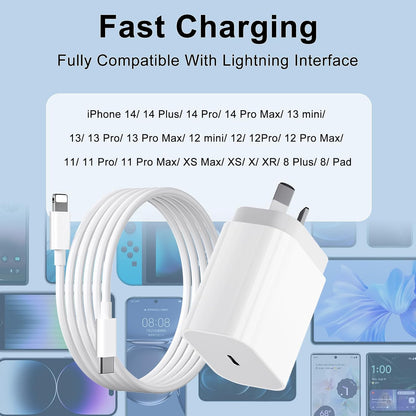 20W Fast Charger with 1M iPhone Charger Cable for iPhone 14/13/12/11/X/9/8, iPad, Airpods